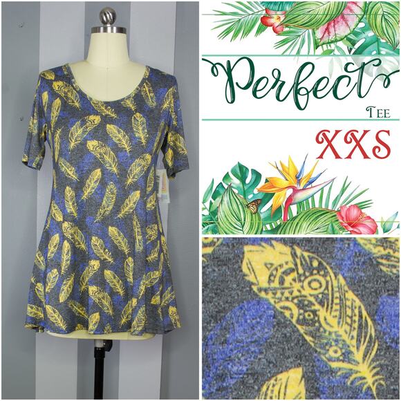 LuLaRoe Perfect T XXS Feather Grey Yellow Blue Boho Tribal Swing Tunic Tee Top - Picture 8 of 8